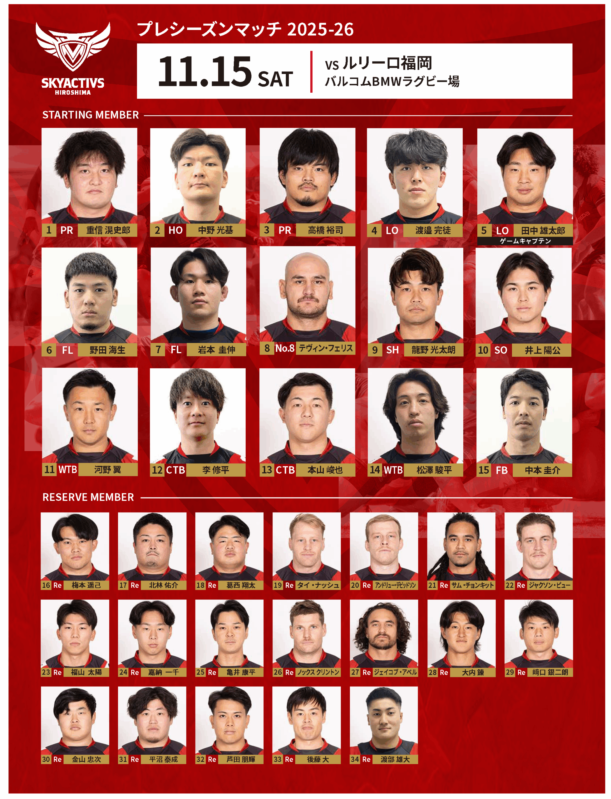 【メンバー発表】vsルリーロ福岡 画像