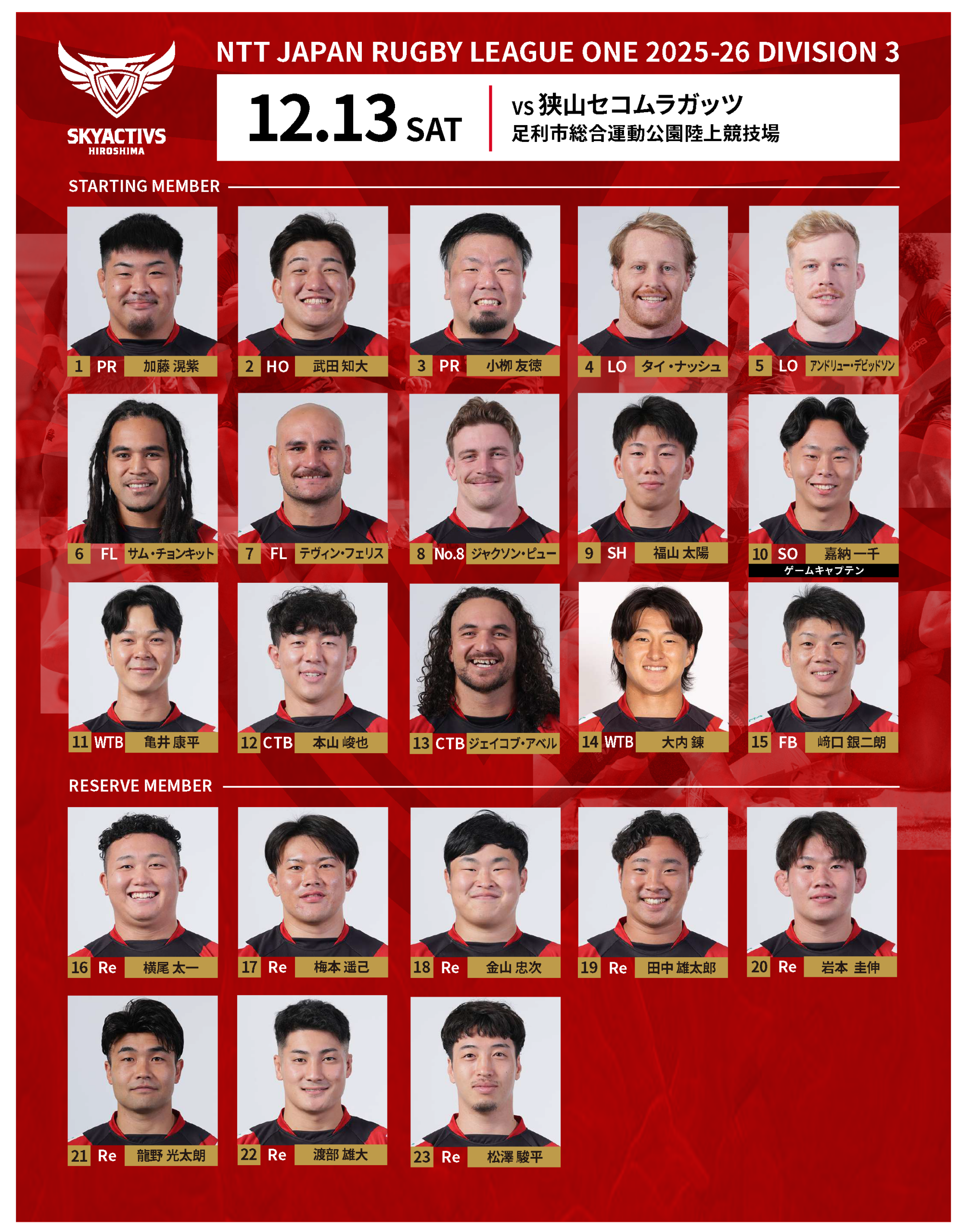 【メンバー発表】vs狭山セコムラガッツ 画像