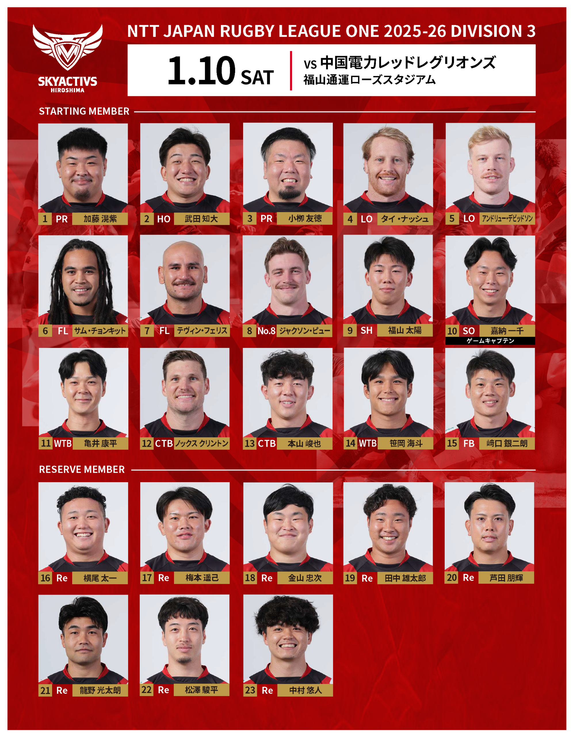 【メンバー発表】vs中国電力レッドレグリオンズ 画像