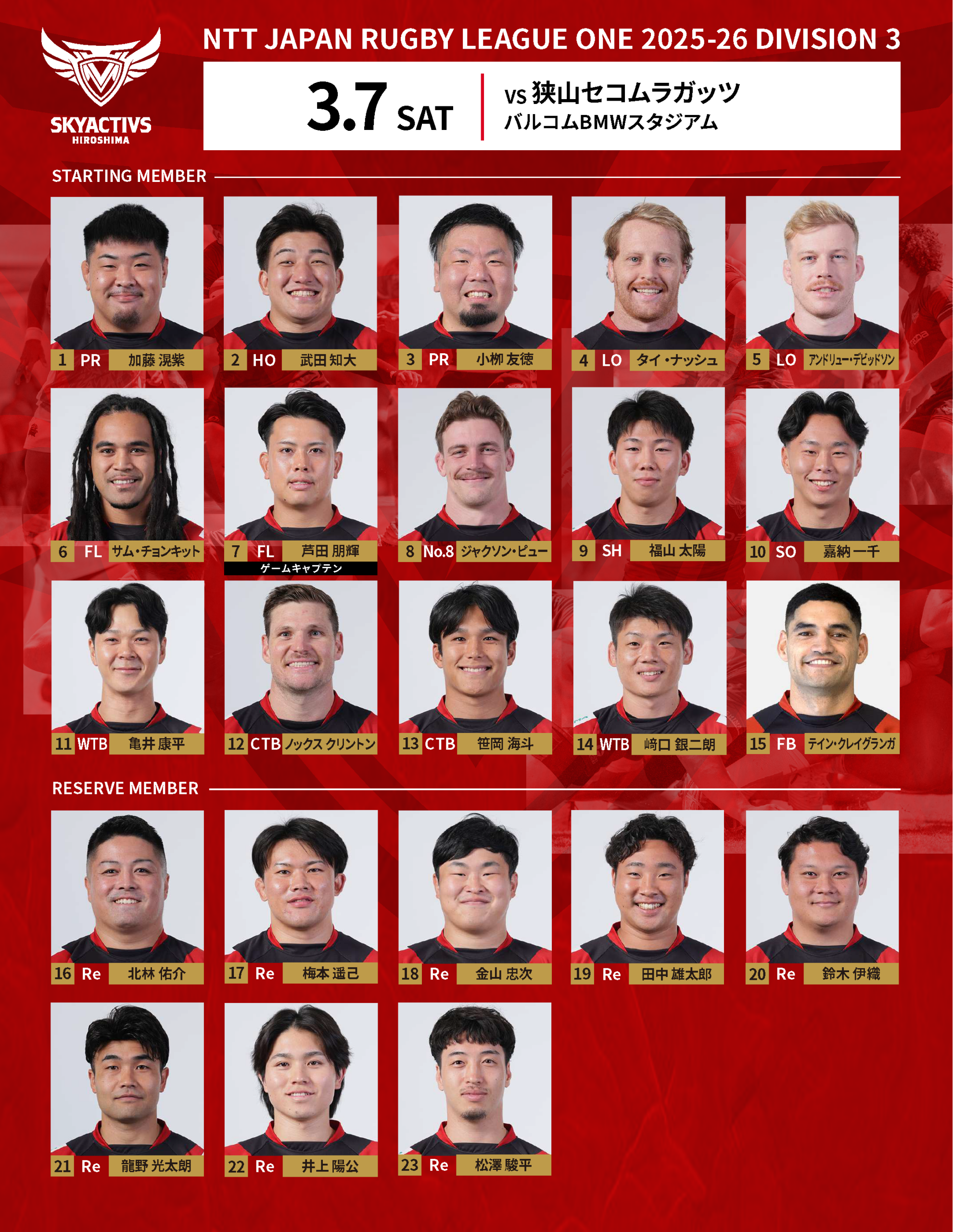 【メンバー発表】vs狭山セコムラガッツ 画像