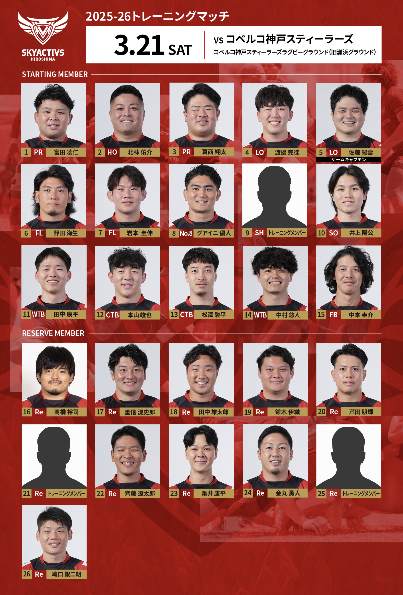 【メンバー発表】vsコベルコ神戸スティーラーズ 画像