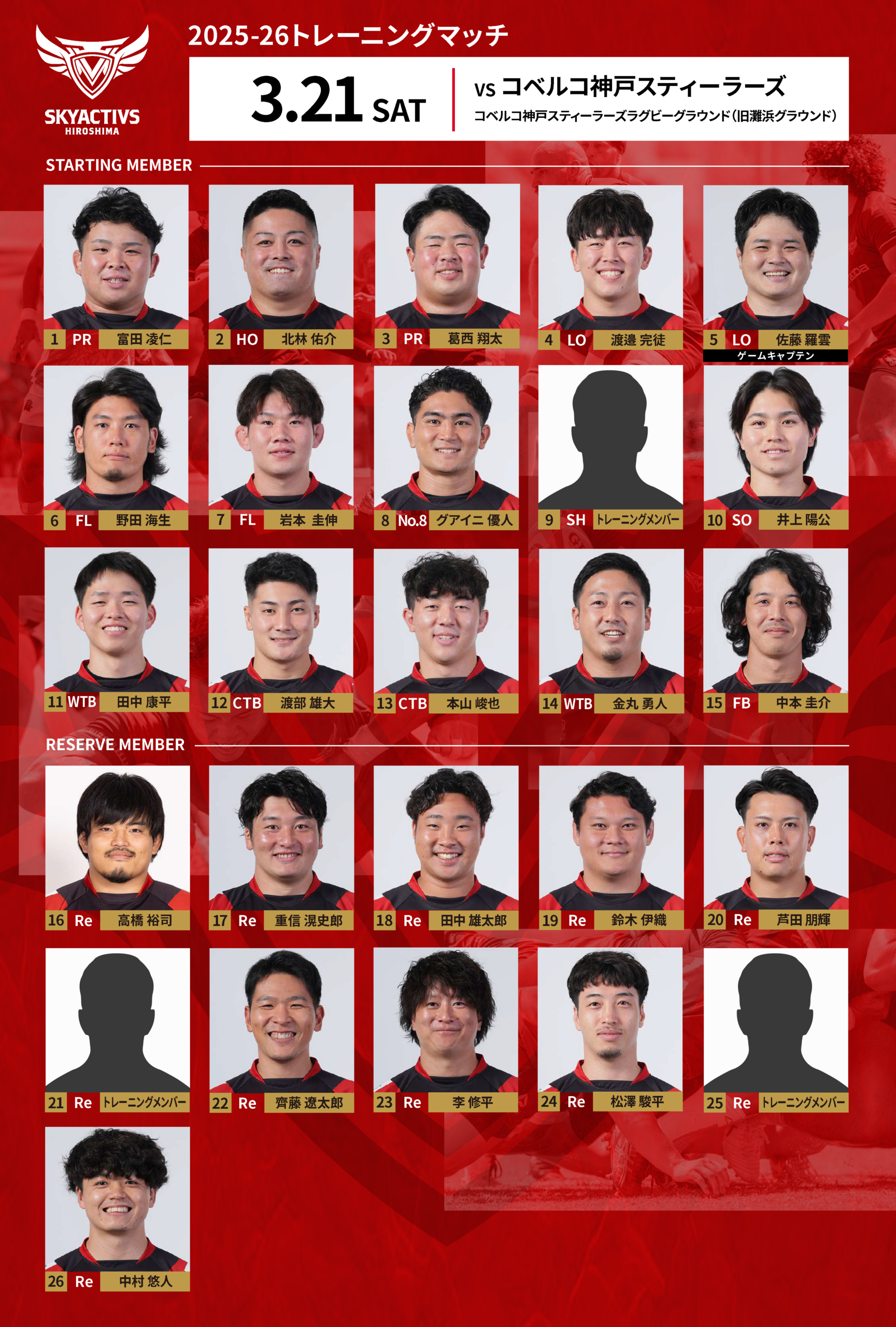 【メンバー発表】vsコベルコ神戸スティーラーズ 画像