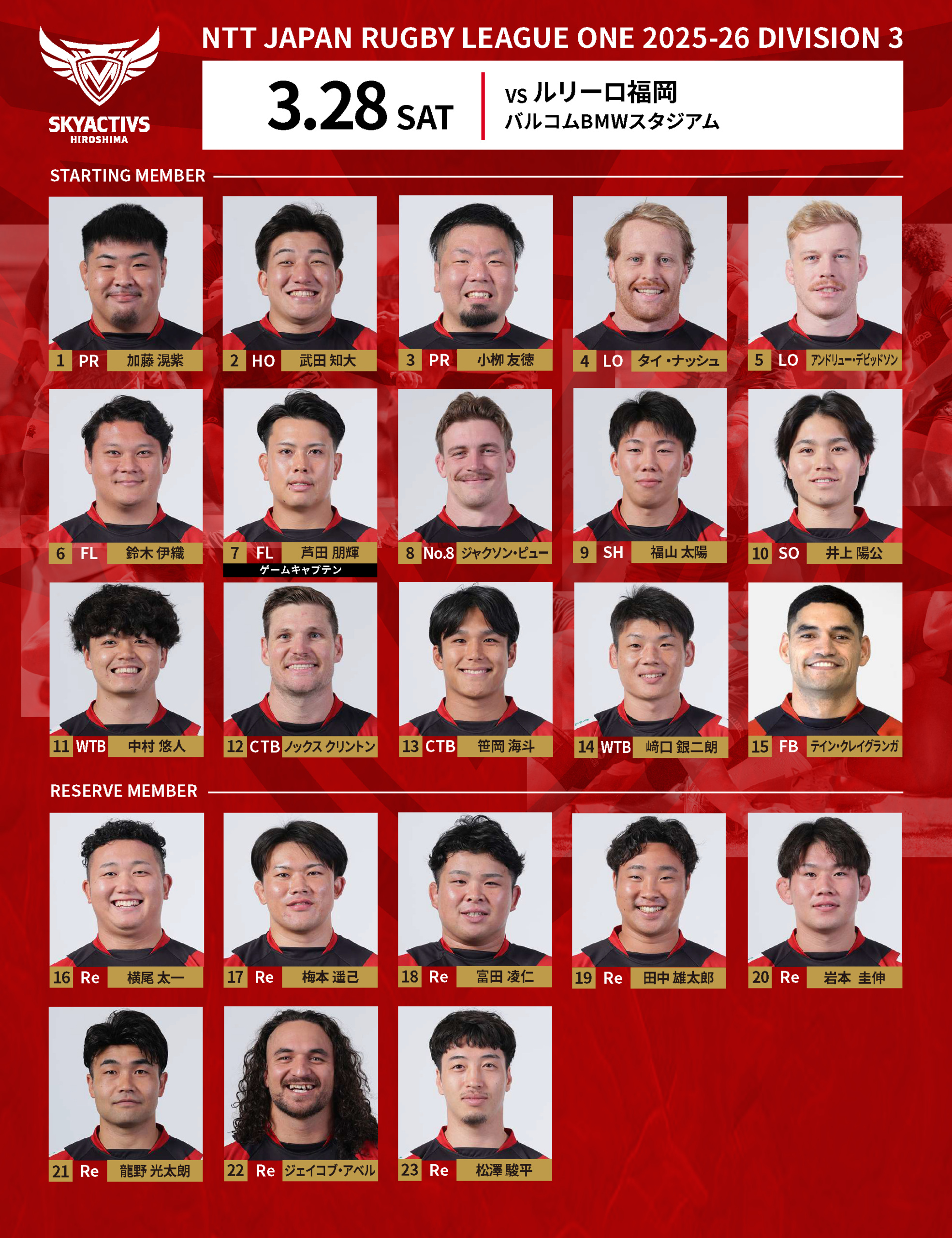 【メンバー発表】vsルリーロ福岡 画像