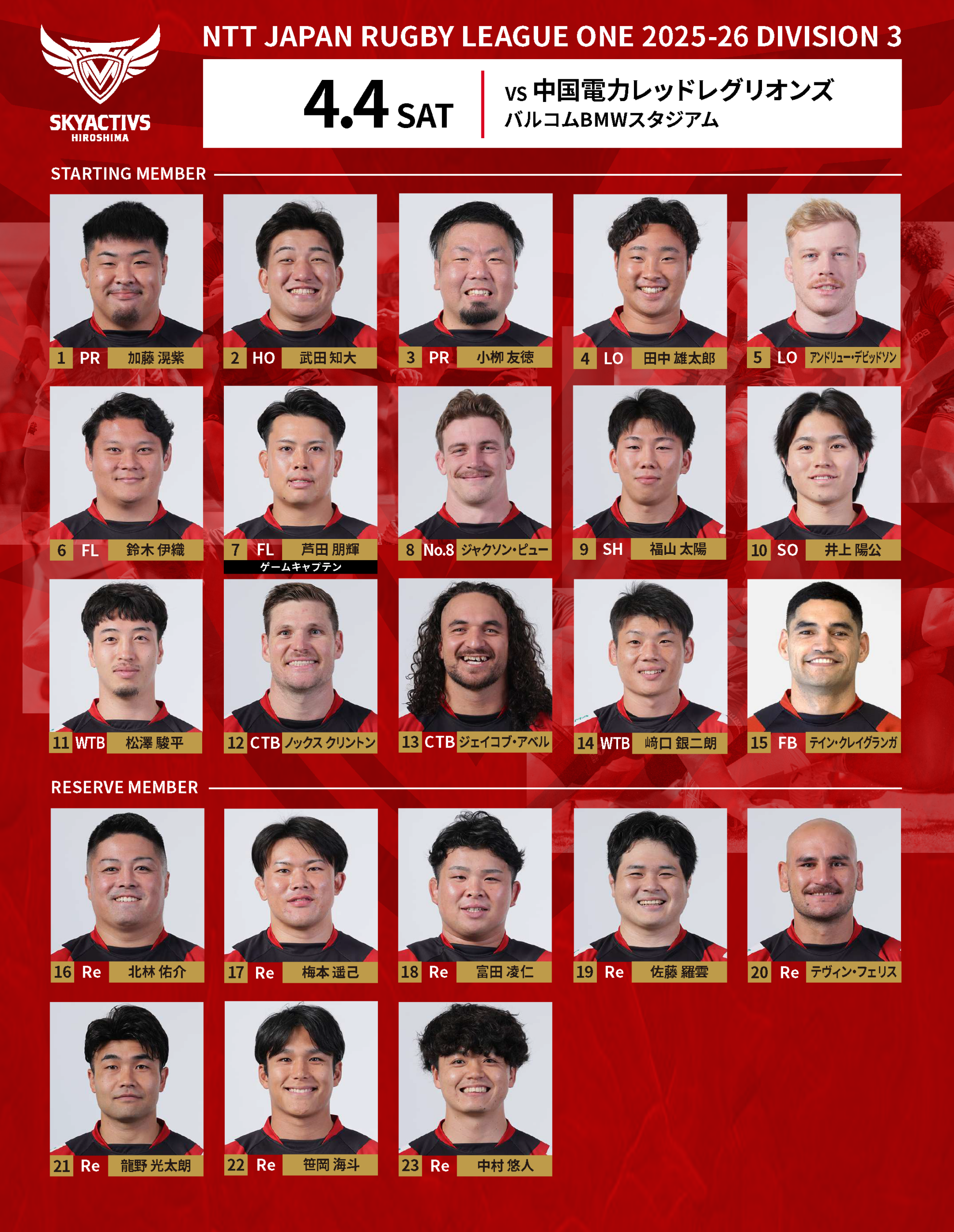 【メンバー発表】vs中国電力レッドレグリオンズ 画像
